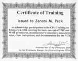 Jeremi Peck Certificate